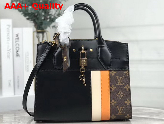 Louis Vuitton City Steamer PM Handbag in Black Calf Leather and Monogram Canvas with Vertical Cream and Yellow Stripes Replica