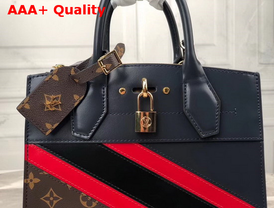 Louis Vuitton City Steamer PM Handbag in Navy Blue Calf Leather and Monogram Canvas with Diagonal Red and Black Stripes M55434 Replica