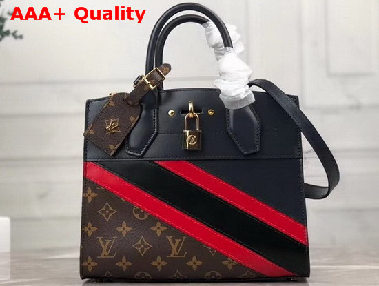 Louis Vuitton City Steamer PM Handbag in Navy Blue Calf Leather and Monogram Canvas with Diagonal Red and Black Stripes M55434 Replica