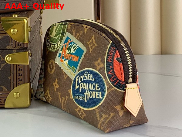 Louis Vuitton Cosmetic Pouch in Monogram Coated Canvas Decorated with Vintage Stickers M83597 Replica