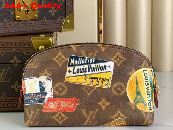 Louis Vuitton Cosmetic Pouch in Monogram Coated Canvas Decorated with Vintage Stickers M83597 Replica