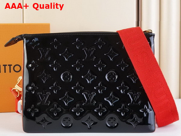 Louis Vuitton Coussin PM Handbag Black Monogram Embossed Patent Calfskin with Red Lambskin Replica