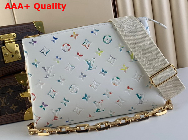 Louis Vuitton Coussin PM Handbag in White Lambskin Leather with Embossed Multicolor Monogram Flowers M21209 Replica