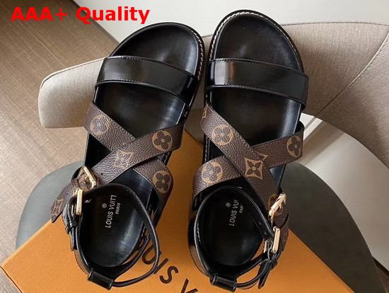 Louis Vuitton Crossroads Comfort Sandal Glazed Calf Leather and Patent Monogram Canvas Black 1A5MFO Replica