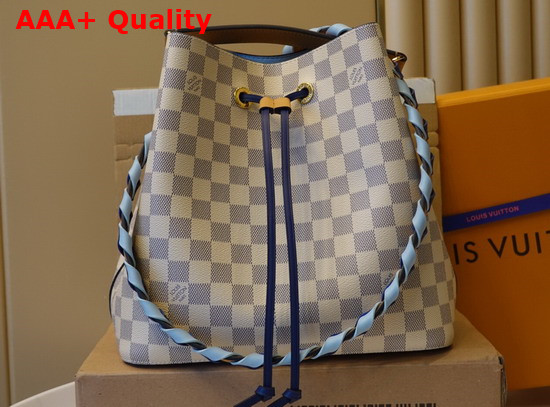 Louis Vuitton Damier Azur Canvas Neonoe MM Bucket Bag Features a Detachable Leather Top Handle and a Hand Braided Bicolor Leather Shoulder Strap N50042 Replica