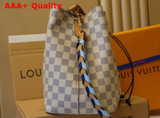 Louis Vuitton Damier Azur Canvas Neonoe MM Bucket Bag Features a Detachable Leather Top Handle and a Hand Braided Bicolor Leather Shoulder Strap N50042 Replica