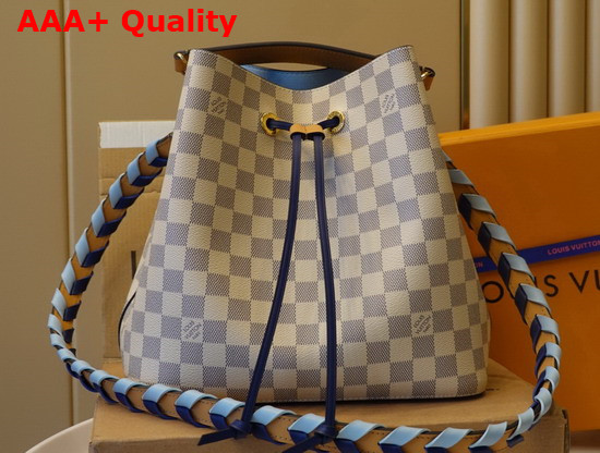 Louis Vuitton Damier Azur Canvas Neonoe MM Bucket Bag Features a Detachable Leather Top Handle and a Hand Braided Bicolor Leather Shoulder Strap N50042 Replica