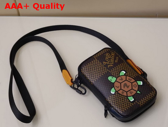 Louis Vuitton Double Phone Pouch in Giant Damier Ebene Canvas and Features a Nigo Tortoise with LV Made Written on His Sheel N40377 Replica