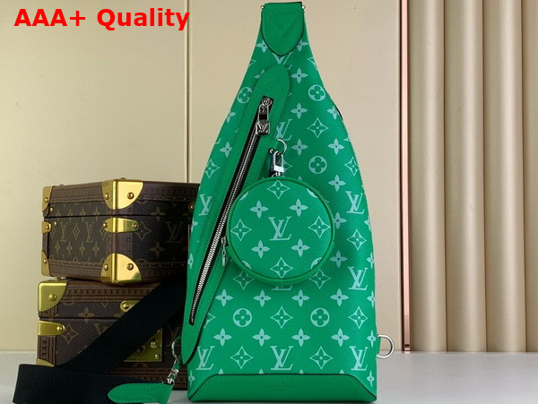 Louis Vuitton Duo Sling Bag in Green Monogram Coated Canvas and Taiga Cowhide Leather Replica