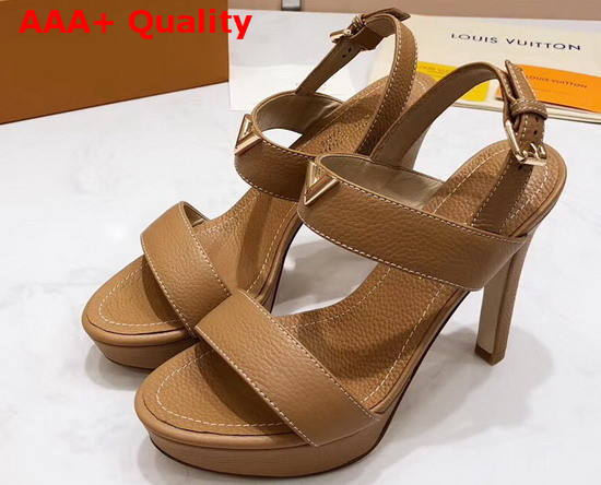 Louis Vuitton Essential V High Heel Platform Sandal in Tan Grain Leather Replica