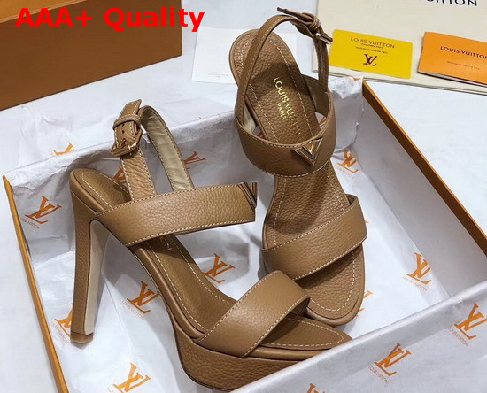 Louis Vuitton Essential V High Heel Platform Sandal in Tan Grain Leather Replica