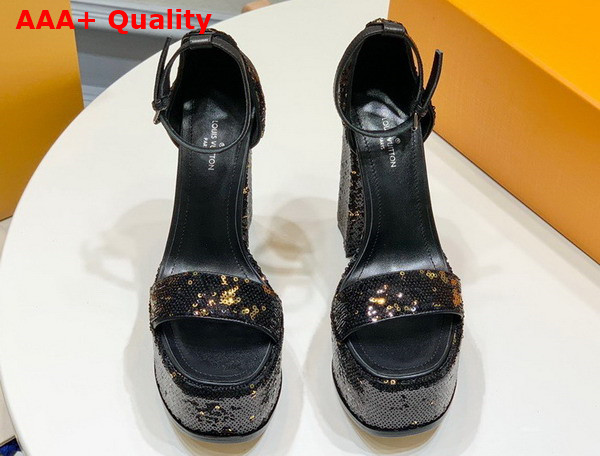 Louis Vuitton Fame Platform Sandal in Black and Gold Sequins Replica