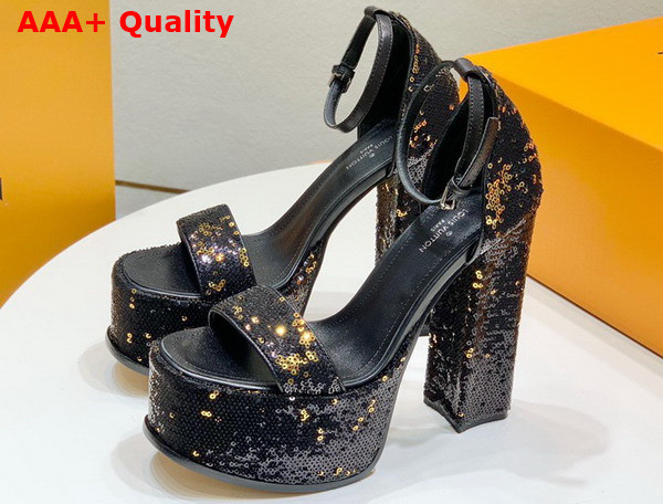 Louis Vuitton Fame Platform Sandal in Black and Gold Sequins Replica