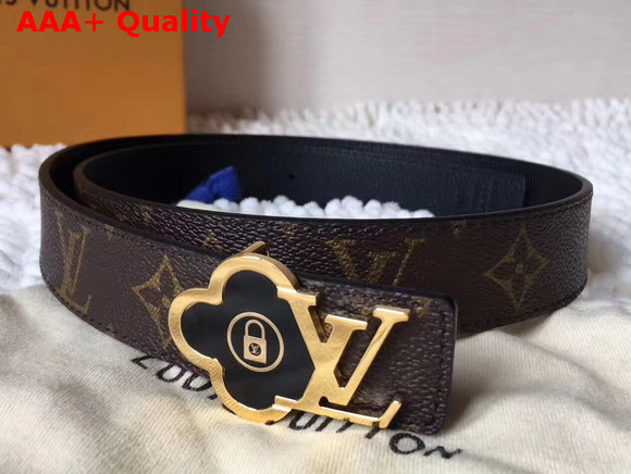 Louis Vuitton Flower Buckle Belt Monogram Canvas and Black Grained Calfskin Replica