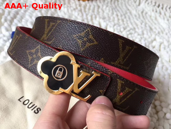 Louis Vuitton Flower Buckle Belt Monogram Canvas and Red Grained Calfskin Replica