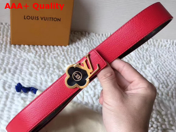 Louis Vuitton Flower Buckle Belt Monogram Canvas and Red Grained Calfskin Replica