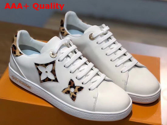 Louis Vuitton Frontrow Sneaker in White Calf Leather Decorated with Giant Monogram Flower Patches with a Bold Leopard Print 1A5NQ4 Replica