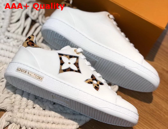 Louis Vuitton Frontrow Sneaker in White Calf Leather Decorated with Giant Monogram Flower Patches with a Bold Leopard Print 1A5NQ4 Replica