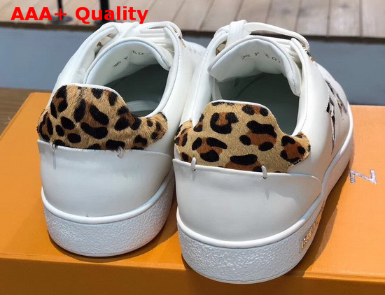 Louis Vuitton Frontrow Sneaker in White Calf Leather Decorated with Giant Monogram Flower Patches with a Bold Leopard Print 1A5NQ4 Replica