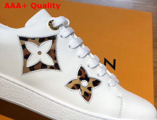 Louis Vuitton Frontrow Sneaker in White Calf Leather Decorated with Giant Monogram Flower Patches with a Bold Leopard Print 1A5NQ4 Replica