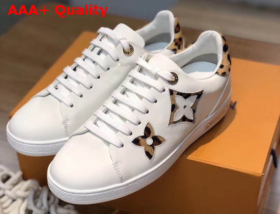 Louis Vuitton Frontrow Sneaker in White Calf Leather Decorated with Giant Monogram Flower Patches with a Bold Leopard Print 1A5NQ4 Replica