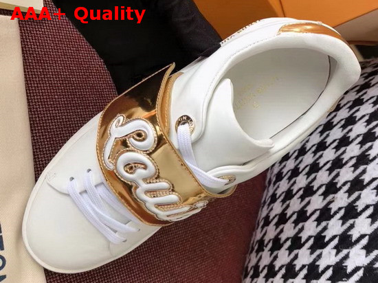 Louis Vuitton Frontrow Trainer in White with Gold Louis Vuitton Signature Strap 1A3T9G Replica