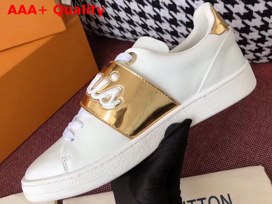 Louis Vuitton Frontrow Trainer in White with Gold Louis Vuitton Signature Strap 1A3T9G Replica