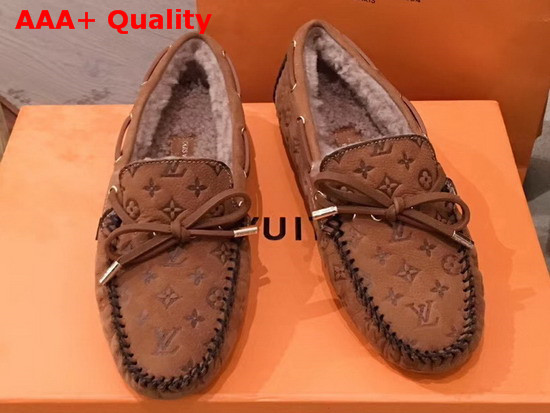 Louis Vuitton Gloria Flat Loafer in Brown Monogram Embossed Calf Leather with Shearling Sheepskin Lining Replica