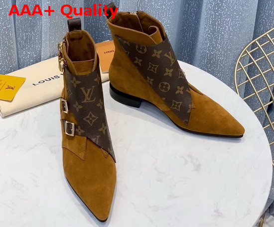 Louis Vuitton Jumble Flat Ankle Boot in Cognac Brown Suede Calf Leather and Patent Monogram Canvas 1A5MKW Replica