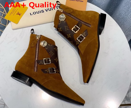 Louis Vuitton Jumble Flat Ankle Boot in Cognac Brown Suede Calf Leather and Patent Monogram Canvas 1A5MKW Replica