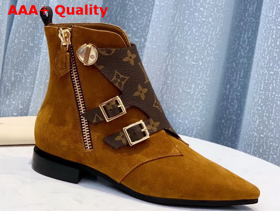 Louis Vuitton Jumble Flat Ankle Boot in Cognac Brown Suede Calf Leather and Patent Monogram Canvas 1A5MKW Replica