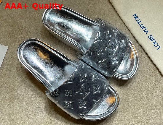 Louis Vuitton Jumbo Platform Mule in Silver Monogram Embossed Metallic Lambskin 1A8T2E Replica