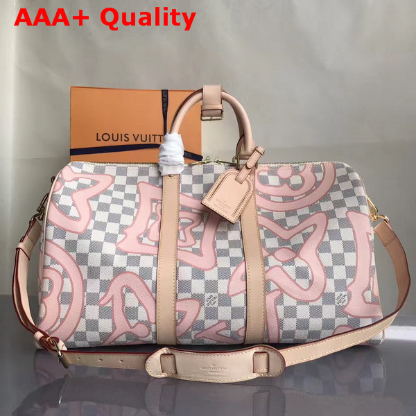 Louis Vuitton Keepall 45 in Damier Azur Canvas Overlaid with a Splashy Monogram Print Replica