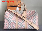 Louis Vuitton Keepall 45 in Damier Azur Canvas Overlaid with a Splashy Monogram Print Replica