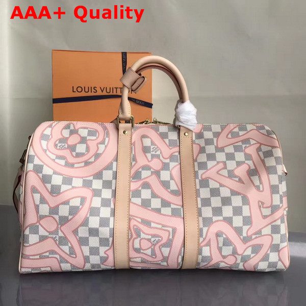 Louis Vuitton Keepall 45 in Damier Azur Canvas Overlaid with a Splashy Monogram Print Replica