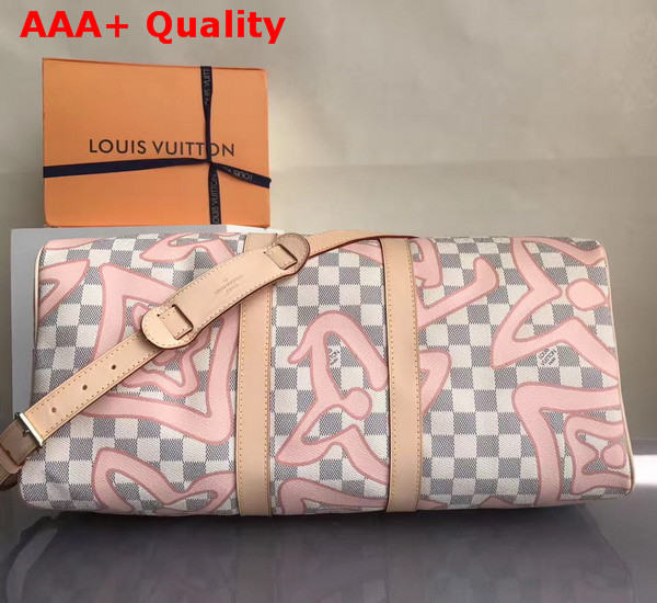 Louis Vuitton Keepall 45 in Damier Azur Canvas Overlaid with a Splashy Monogram Print Replica