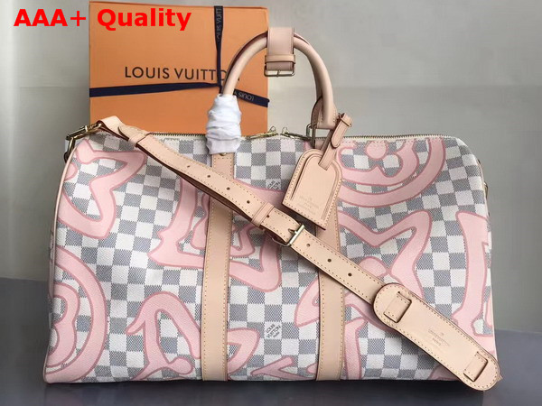 Louis Vuitton Keepall 45 in Damier Azur Canvas Overlaid with a Splashy Monogram Print Replica