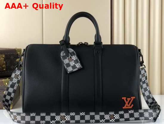 Louis Vuitton Keepall Bandouliere 40 Grained Black Leather with a Detachable Strap in New Damier Distorted Canvas M57416 Replica