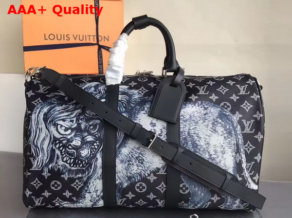 Louis Vuitton Keepall Bandouliere 45 Monogram Savane Canvas with a Whimsical Lion Print Replica