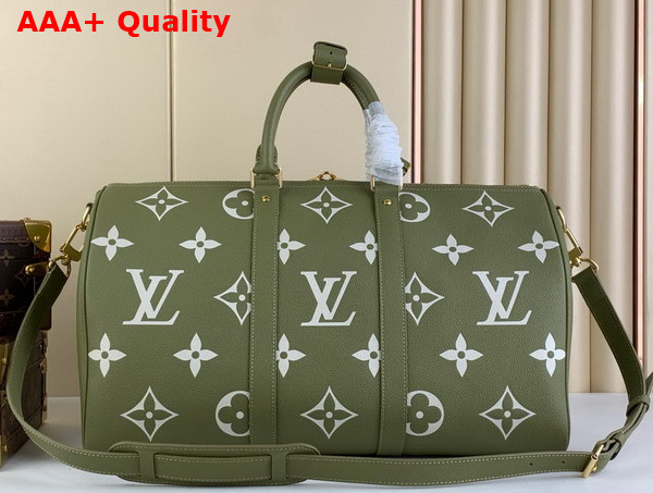 Louis Vuitton Keepall Bandouliere 45 in Khaki Green and Beige Monogram Empreinte Embossed Leather Replica