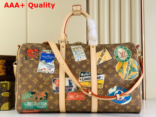 Louis Vuitton Keepall Bandouliere 45 in Monogram Coated Canvas Adorned with Louis Vuitton Travel stickers M24960 Replica