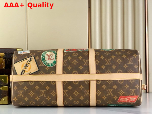 Louis Vuitton Keepall Bandouliere 45 in Monogram Coated Canvas Adorned with Louis Vuitton Travel stickers M24960 Replica