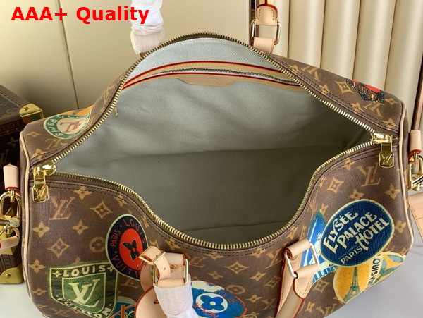 Louis Vuitton Keepall Bandouliere 45 in Monogram Coated Canvas Adorned with Louis Vuitton Travel stickers M24960 Replica