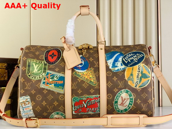 Louis Vuitton Keepall Bandouliere 45 in Monogram Coated Canvas Adorned with Louis Vuitton Travel stickers M24960 Replica