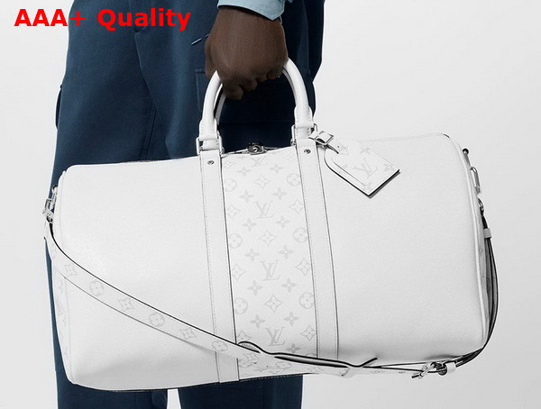 Louis Vuitton Keepall Bandouliere 50 Bag in Optic White Monogram Coated Canvas and Taiga Cowhide Leather M30885 Replica