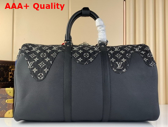 Louis Vuitton Keepall Bandouliere 50 Black Monogram Denim Taurillon Leather Inspired Update by the Japanese Streetwear Designer Nigo Replica