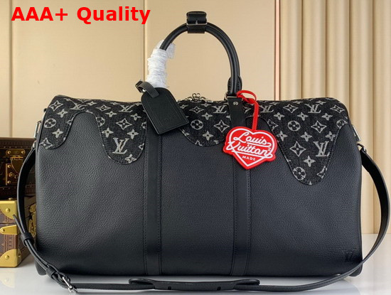 Louis Vuitton Keepall Bandouliere 50 Black Monogram Denim Taurillon Leather Inspired Update by the Japanese Streetwear Designer Nigo Replica