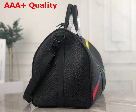 Louis Vuitton Keepall Bandouliere 50 Black Taiga Leather Sports a Radiant X in Rainbow Colors M30345 Replica