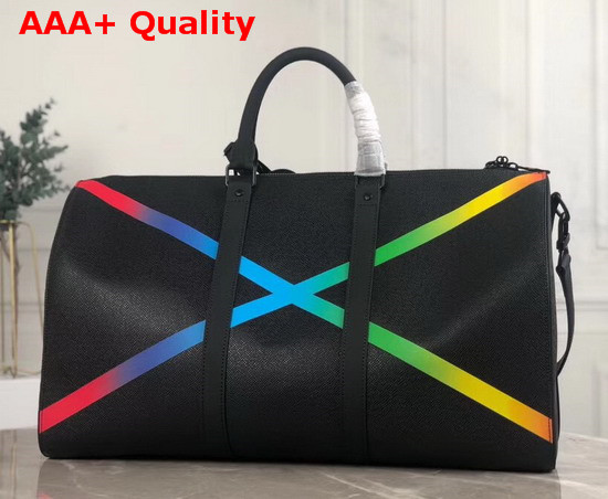 Louis Vuitton Keepall Bandouliere 50 Black Taiga Leather Sports a Radiant X in Rainbow Colors M30345 Replica