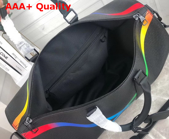 Louis Vuitton Keepall Bandouliere 50 Black Taiga Leather Sports a Radiant X in Rainbow Colors M30345 Replica